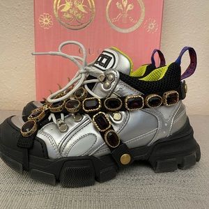Authentic Gucci Team sneakers. Silver with gold and purple rhinestone jewels.